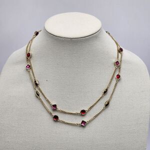 DKNY Donna Karan Pink Red Crystal Double Strand Necklace